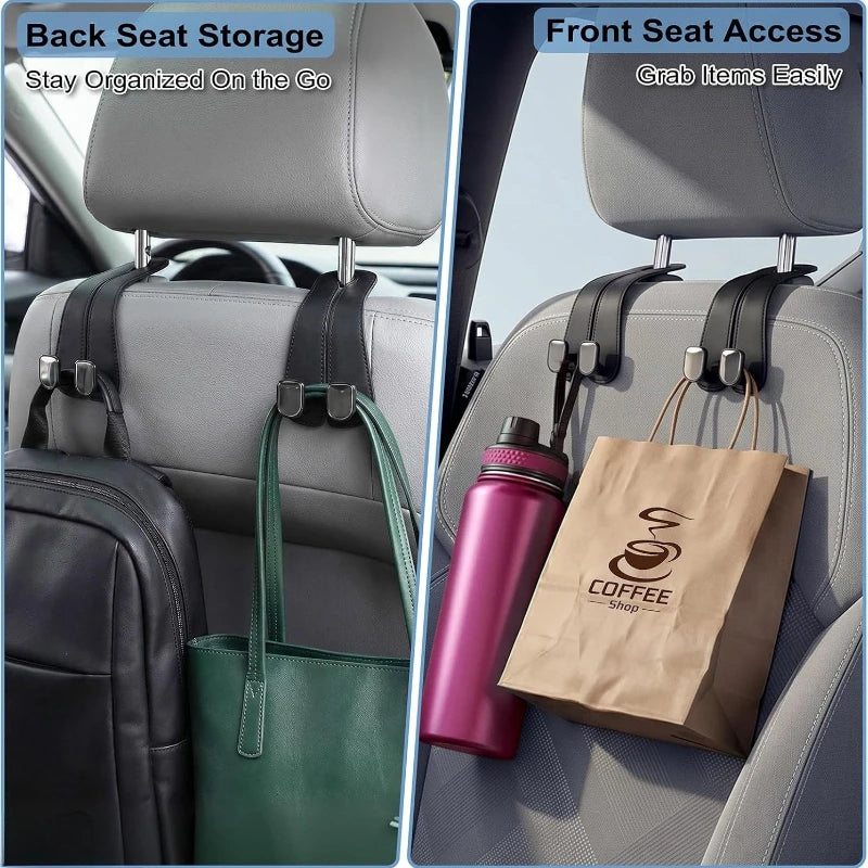 Car headrest hooks for back seat storage and front seat access organization