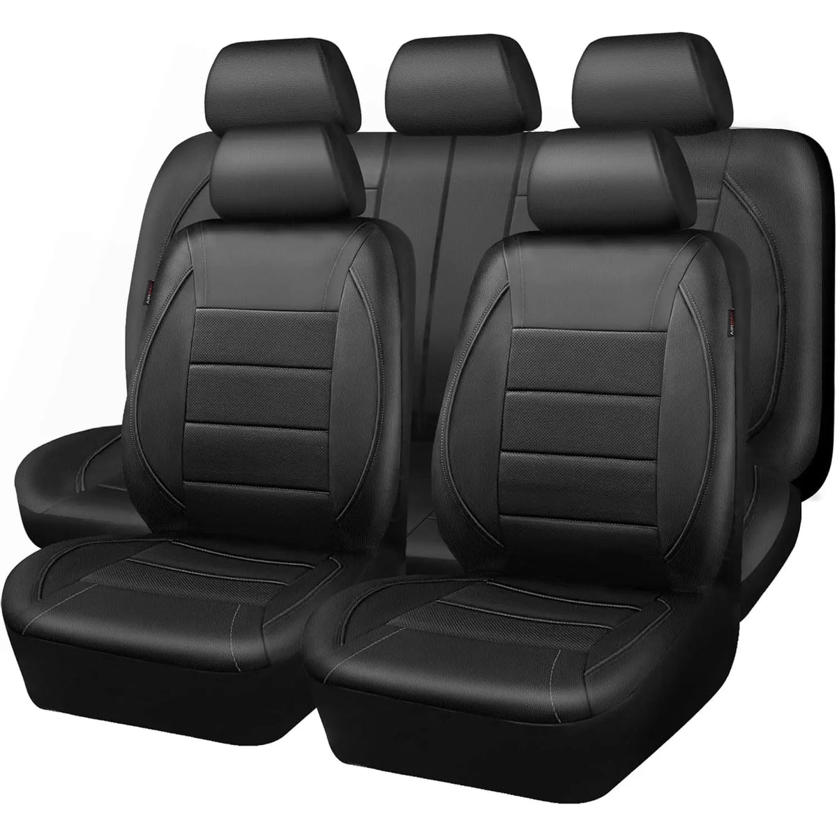 Black universal leather car seat covers shown in a row.