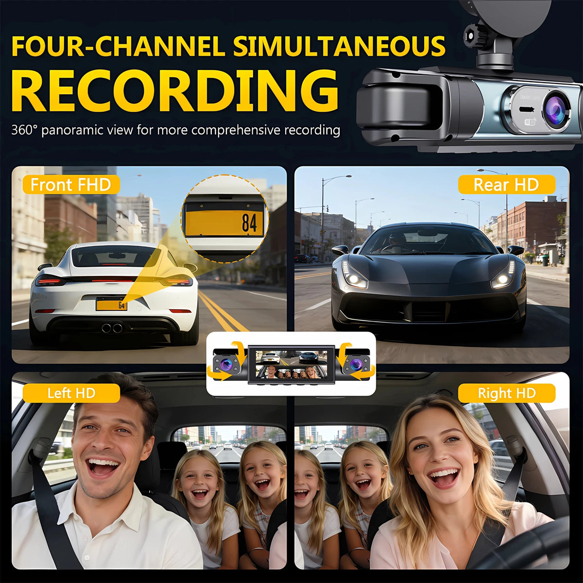 A four-channel simultaneous recording car dash cam showing various recording angles including front, rear, and multiple passe