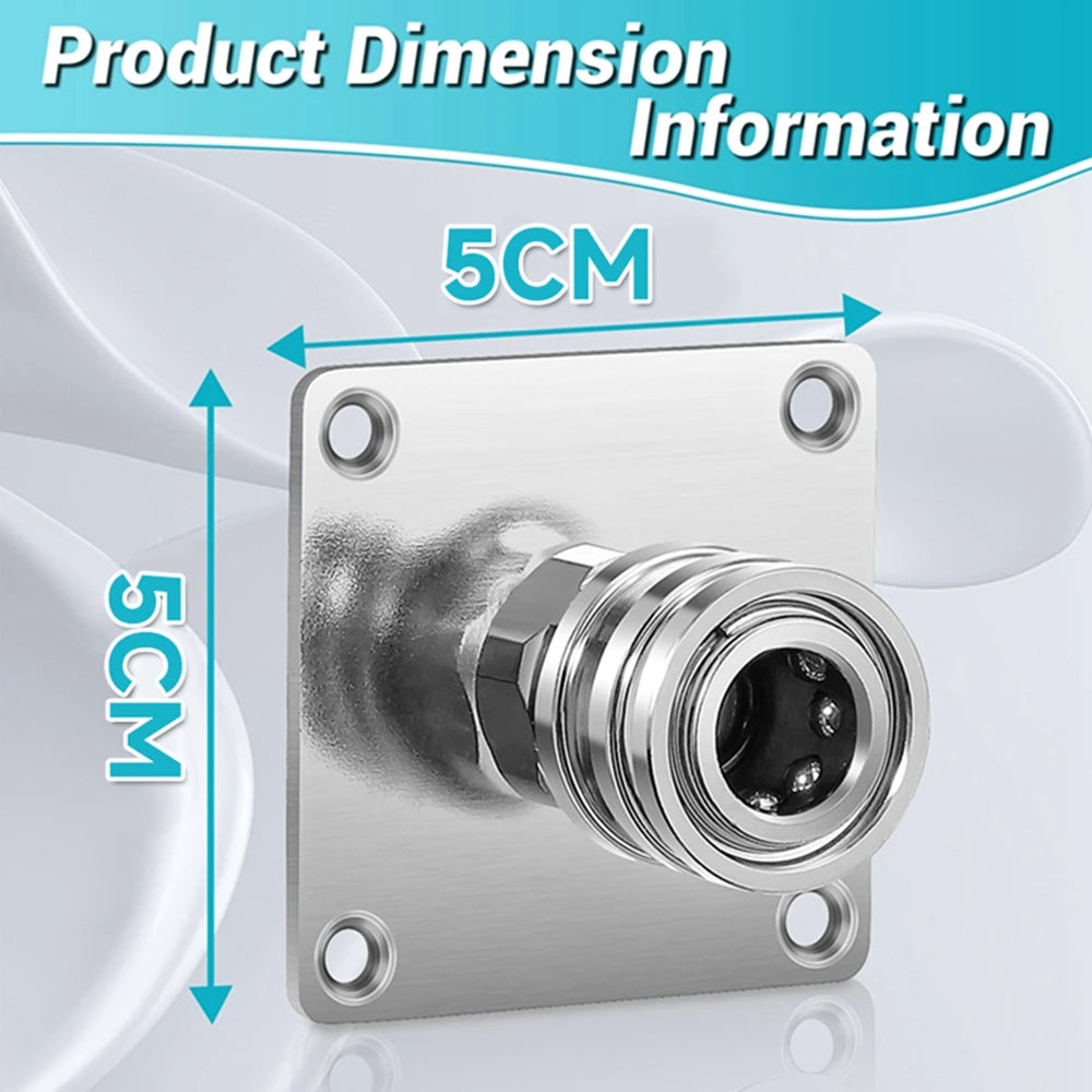 Étagère de rangement pour canon à mousse en acier inoxydable avec adaptateurs à connexion rapide et marquages dimensionnels.