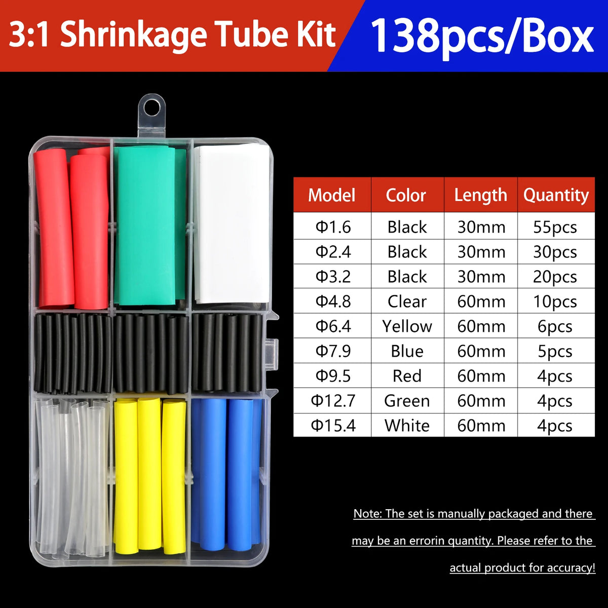 A box of 3:1 shrinkage tubing kit containing various colored heat shrink tubes in different diameters and lengths.