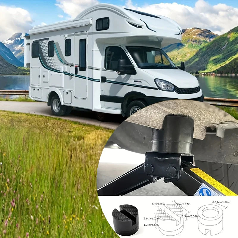A white van is parked near a body of water, with an inset showing a rubber jack pad for frame rail protection.