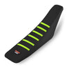 Black ribbed motorcycle seat cover with neon yellow stripes.