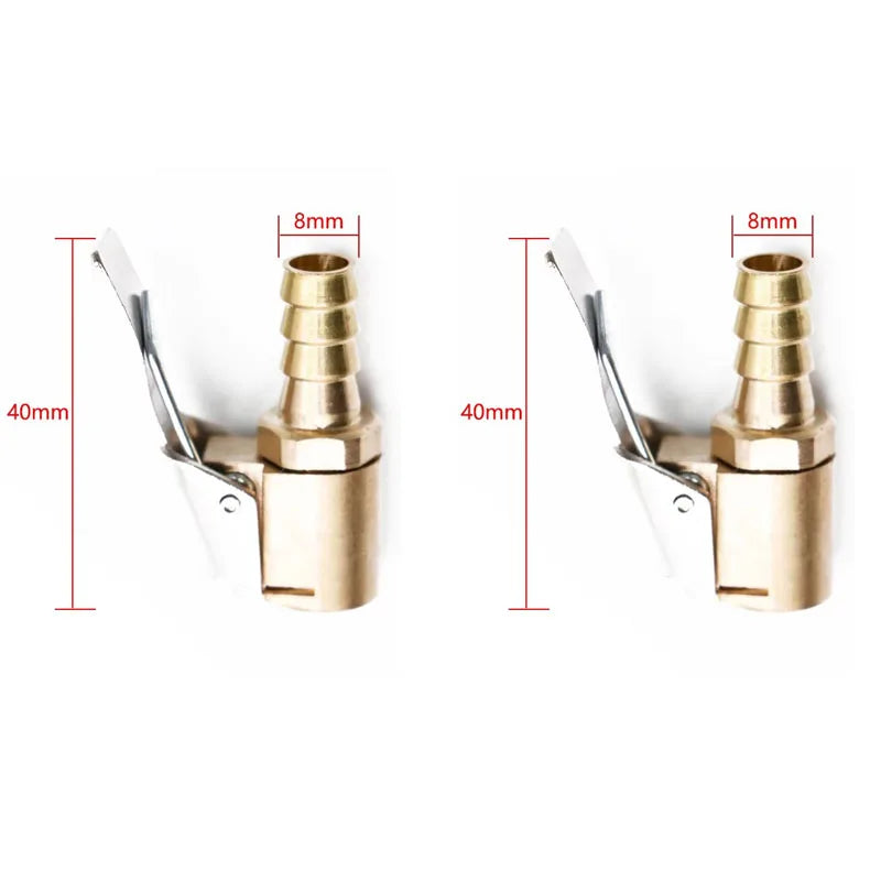 A portable inflatable tire pump with brass fittings and a metal lever, shown in two views.