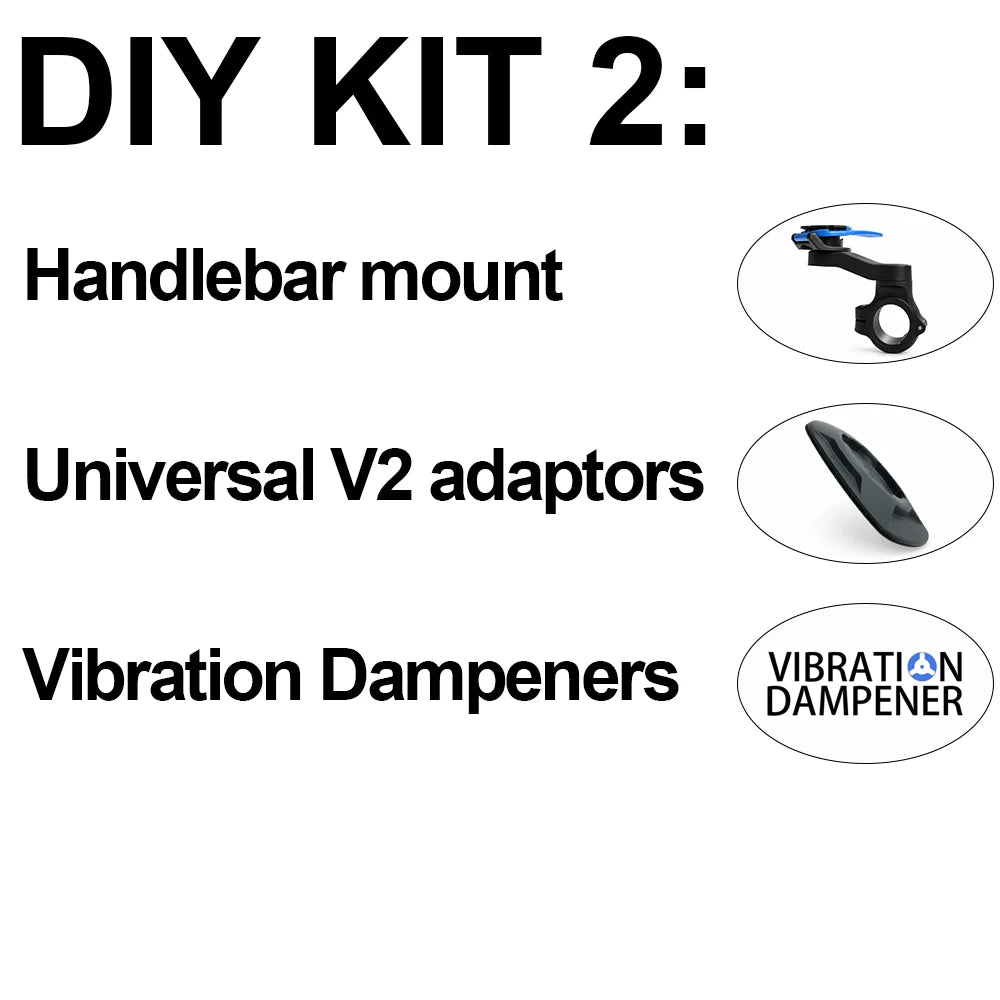 DIY Kit 2 components including a handlebar mount, universal V2 adapters, and vibration dampeners for a motorcycle phone mount