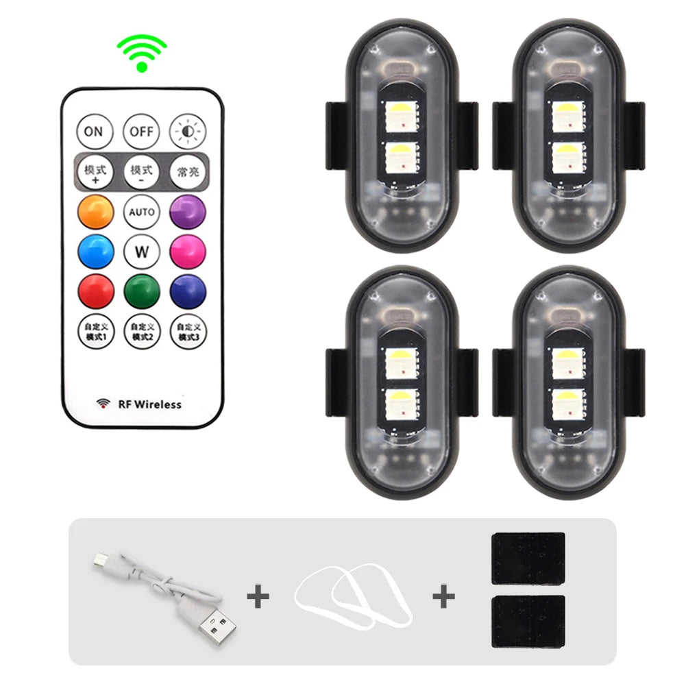 Set von mehrfarbigen RGB-Warn-Stroboskoplichtern mit Ein-/Ausschalter und verschiedenen Modi für Fahrzeuge oder Flugzeuge.