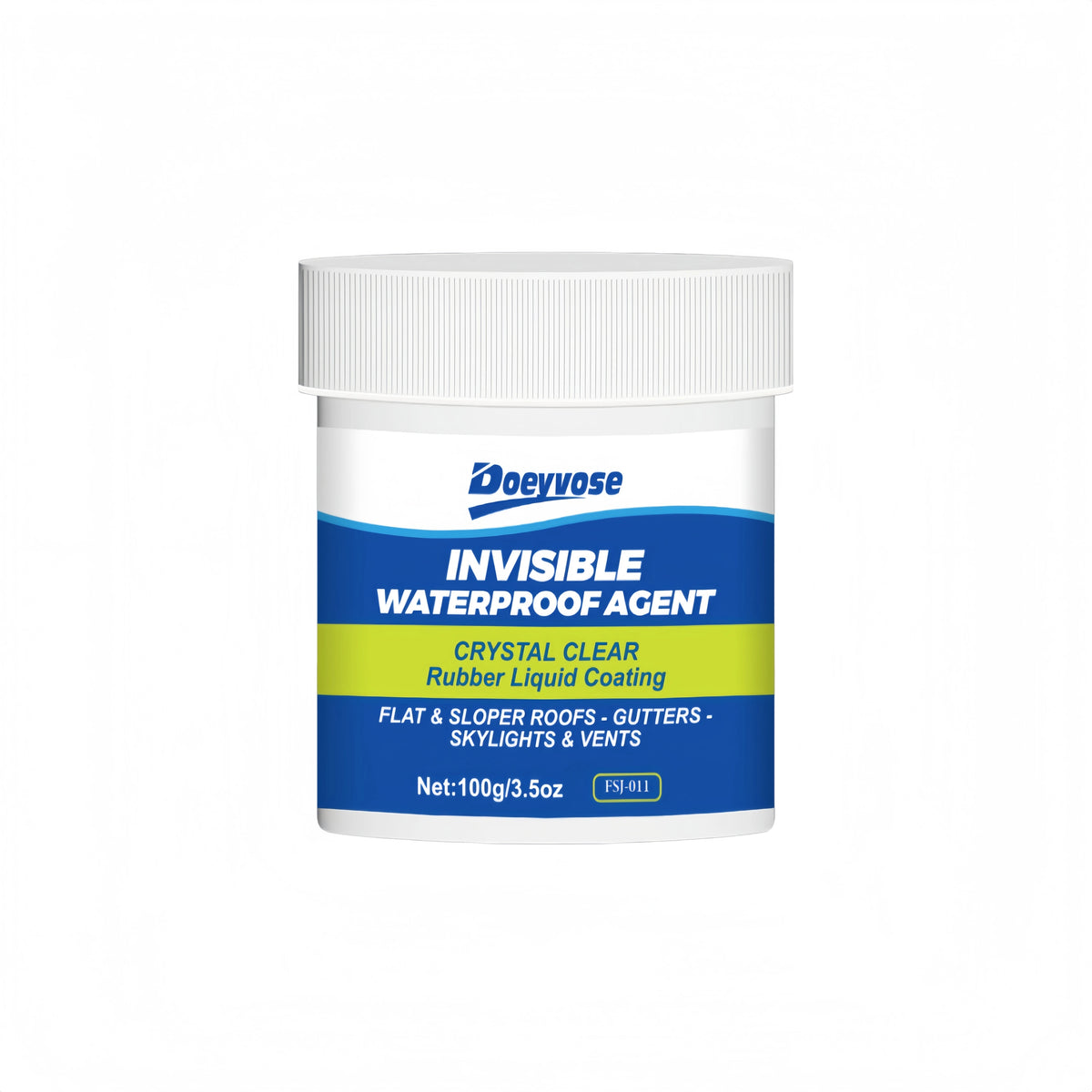 A white plastic jar of Doeyvose Invisible Waterproof Agent crystal clear rubber liquid coating for flat and sloper roofs.