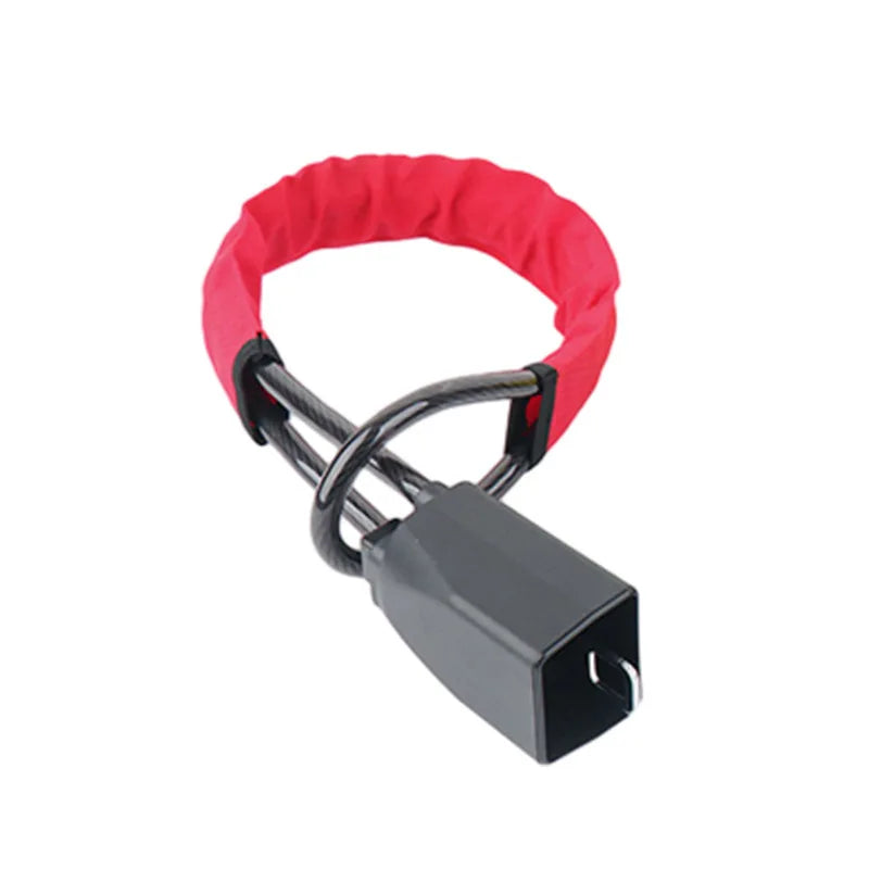 Red anti-theft lock for car steering wheels with a black housing and flexible strap.