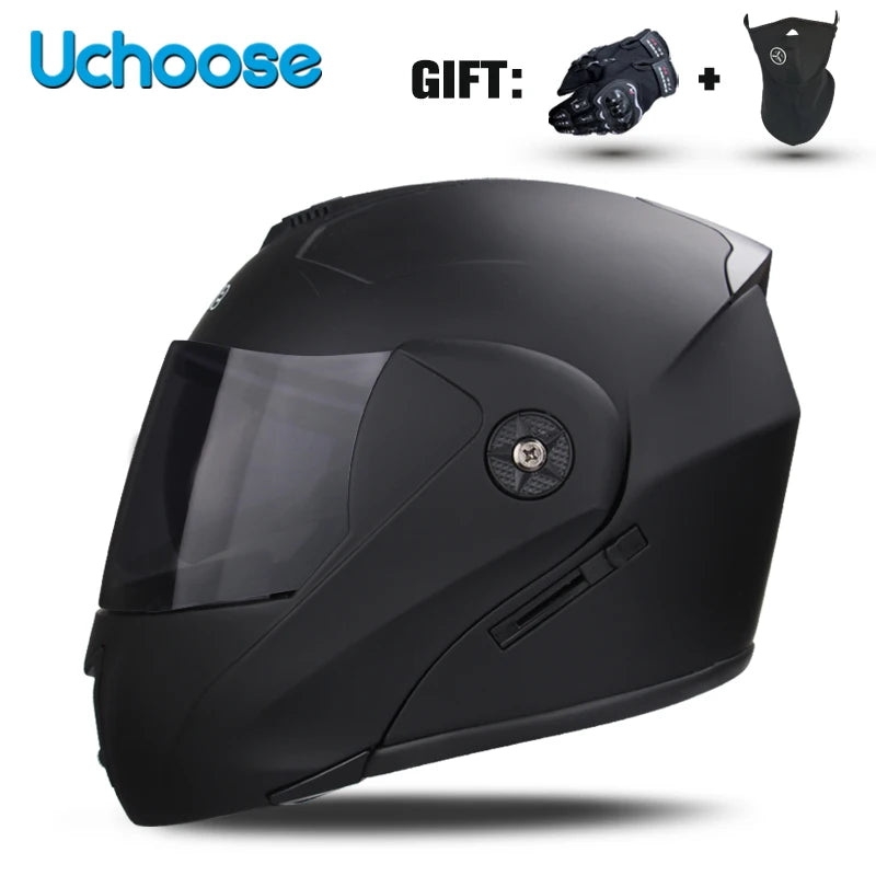 Black Uchoose DOT certified double lens flip-up motorcycle helmet with a gift