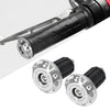 Close-up view of black motorcycle handle bar plug grips for dirt bikes with silver mounting hardware