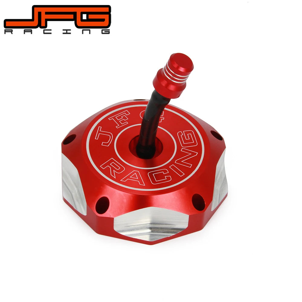 CNC machined fuel tank cap for Suzuki motorcycles with a red and silver finish