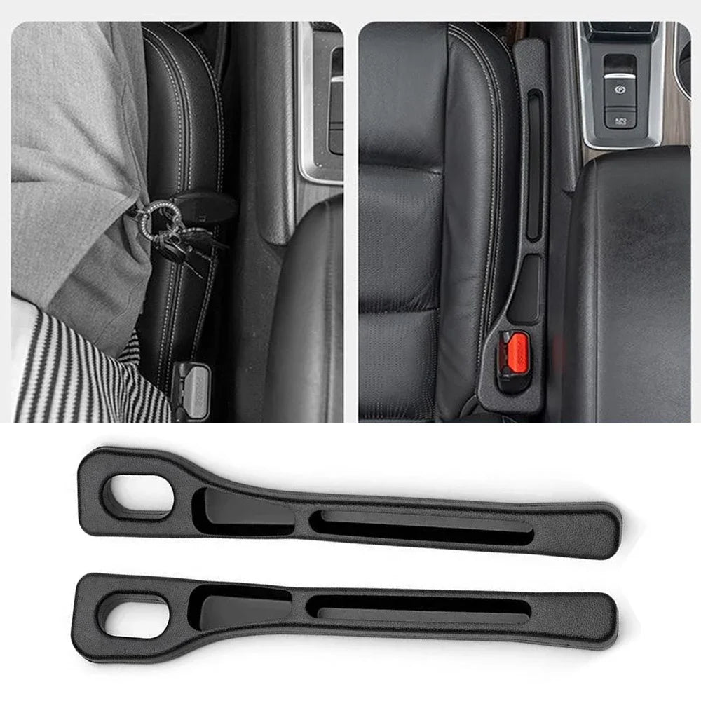 Black universal car seat gap filler strips shown in detail with close-ups of installation.