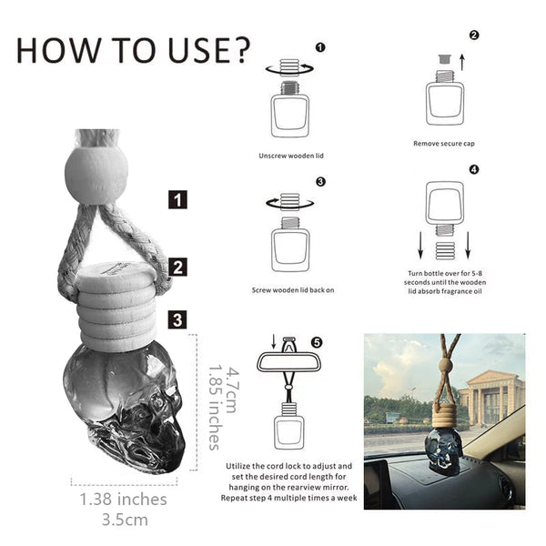 Diagram showing how to use a skull-shaped car air freshener with a wooden lid and cord.