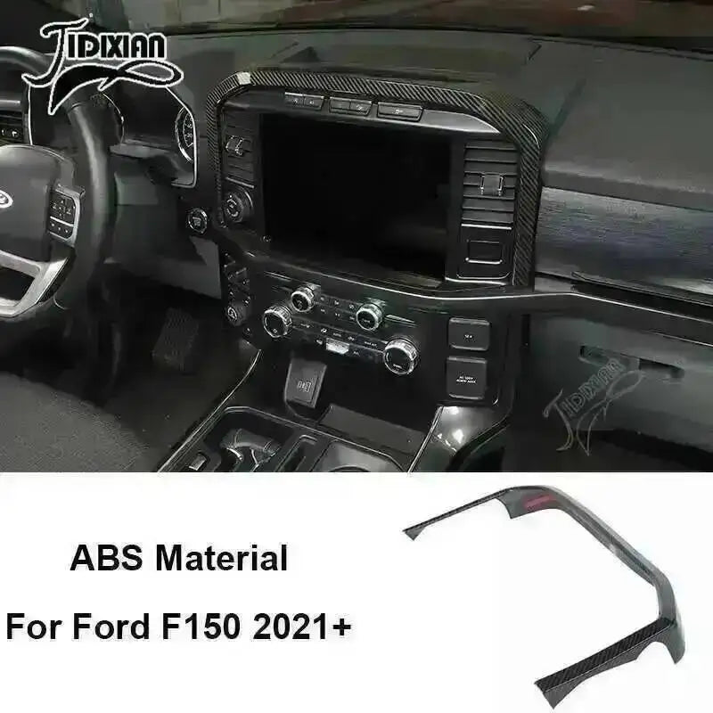 Carbon fiber grain interior trim kit for Ford F150 2021-2024 vehicle dashboard and console.