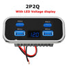 A black LED voltage display panel with four output ports for a 2P2Q fast charger.