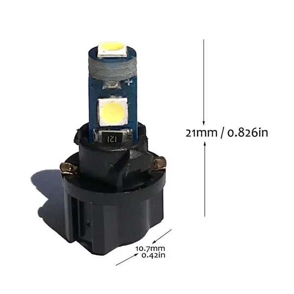 A vertical view of a T5 instrument panel LED bulb with a silver base and yellow light, showing its dimensions.
