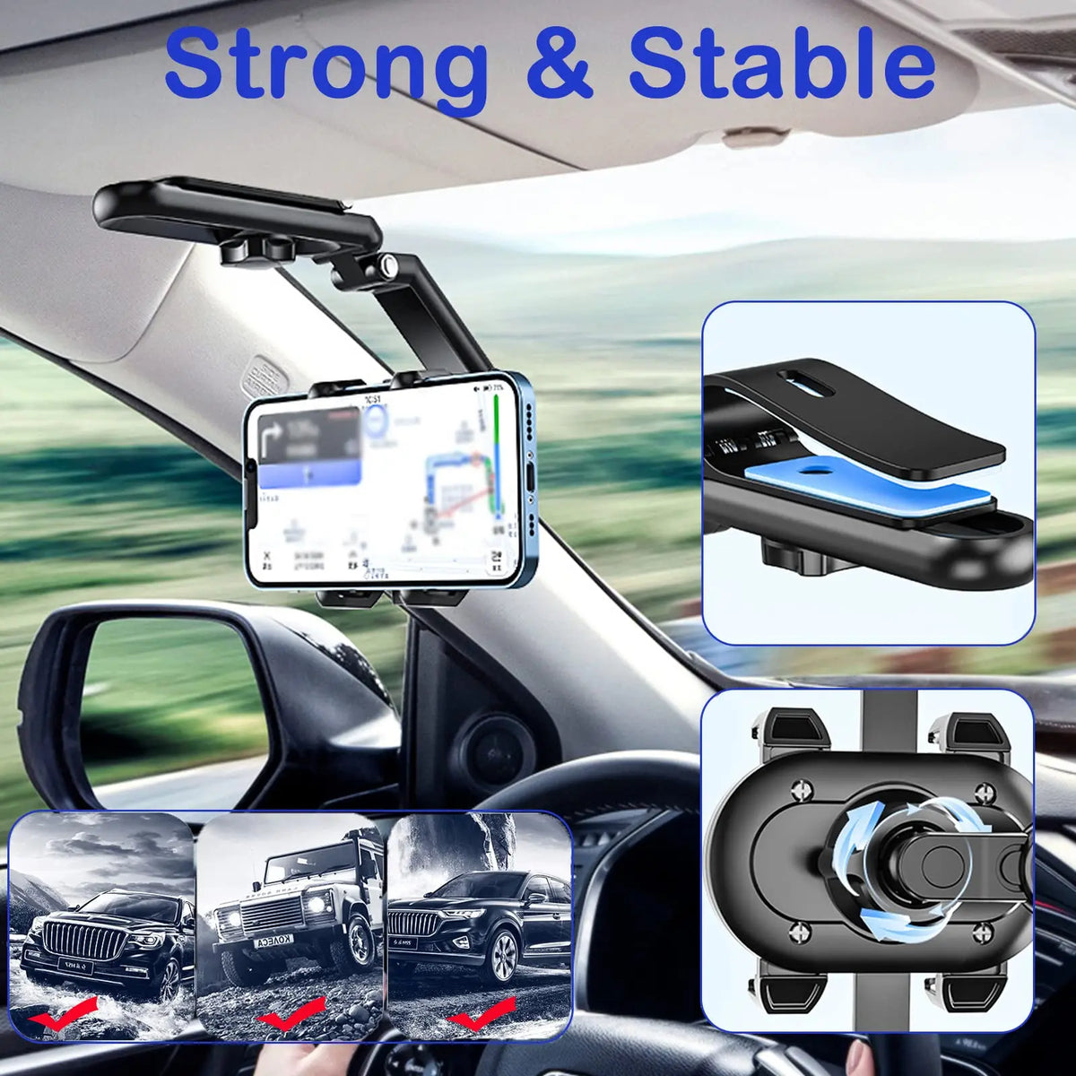 A multi-functional car sun visor phone mount is shown installed in a vehicle interior.