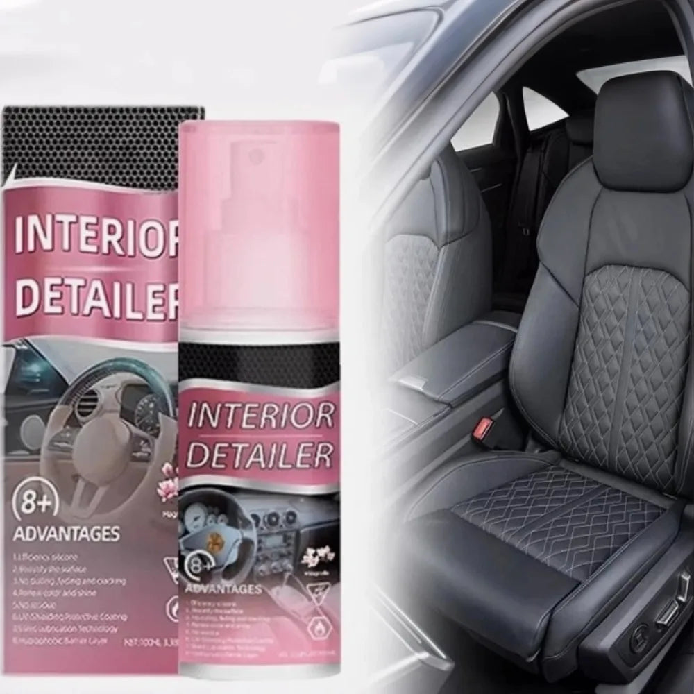 A bottle of interior detailer spray next to a car interior showing the seat and dashboard.