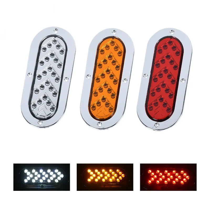 Three LED tail light assemblies for trucks and trailers showing clear, amber, and red light patterns.