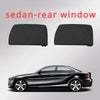 Two black sedan rear window sun shades shown next to a black car.