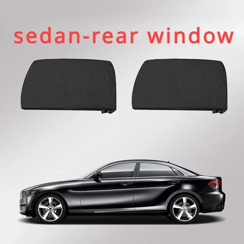 Two black sedan rear window sun shades shown next to a black car.