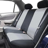 Gray and black striped universal fabric car seat covers installed on a vehicle seat.