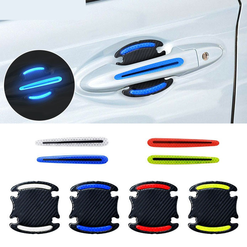 Eight carbon fiber reflective protectors for car door handles in various colors and finishes