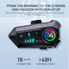 A black Bluetooth motorcycle helmet earphones with control buttons and a glowing logo.