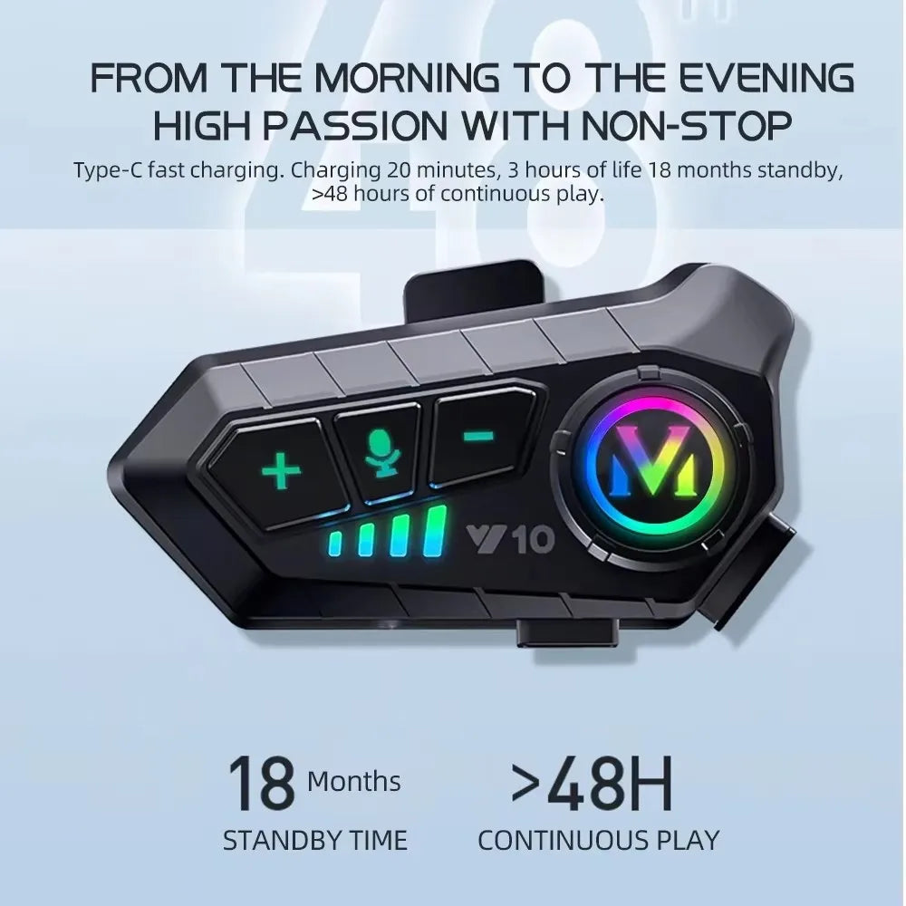 A black Bluetooth motorcycle helmet earphones with control buttons and a glowing logo.