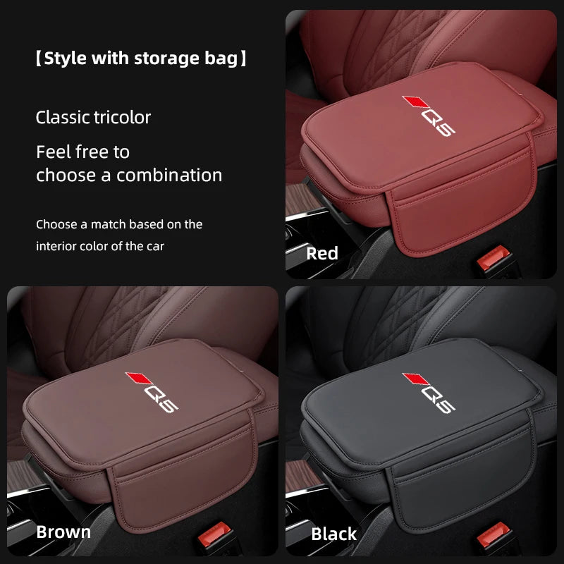 Leather car armrest protector mat in various colors including red, brown, and black with storage pockets