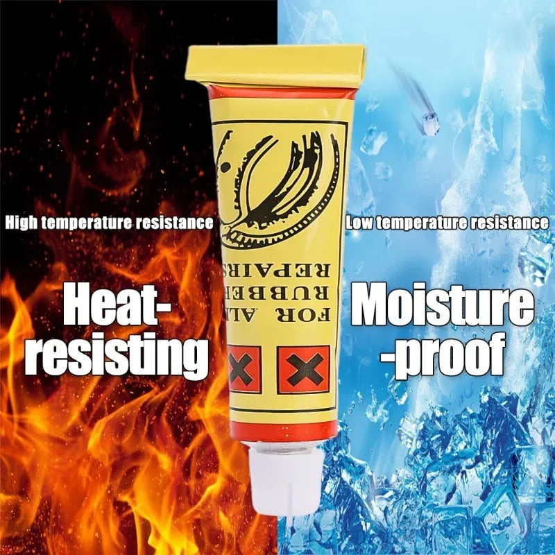Kit de colle pour tube avec étiquettes jaune et rouge, présenté sur un fond de feu et de glace.