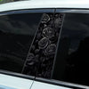 Black rose car B-pillar decal set applied to a dark tinted car window.