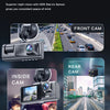 A montage showing a front cam, inside cam, and rear cam of a dash camera system designed for clear low light images.
