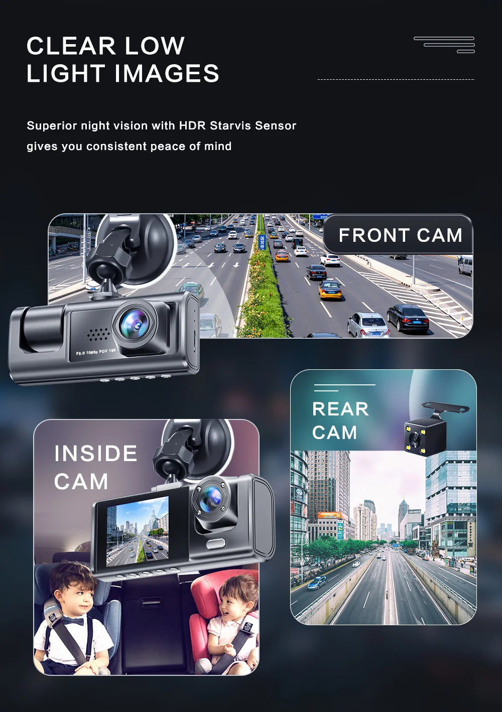 A montage showing a front cam, inside cam, and rear cam of a dash camera system designed for clear low light images.
