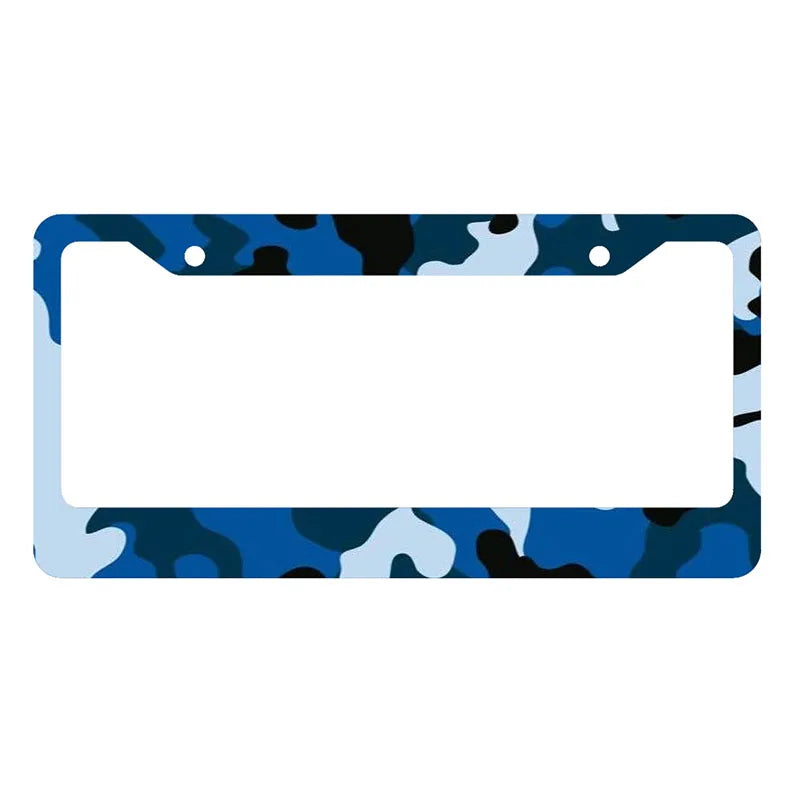 A license plate cover featuring a blue and black camouflage pattern.