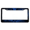 A dark blue license plate frame with a spooky, smiling face design.