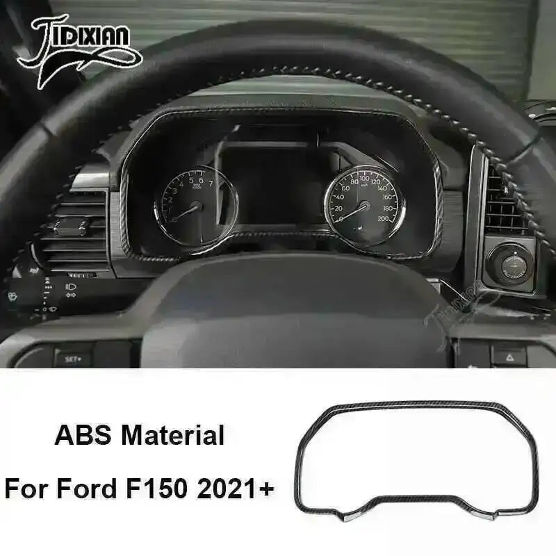 Carbon fiber grain interior trim kit for Ford F150 2021-2024 featuring a steering wheel and dashboard view.