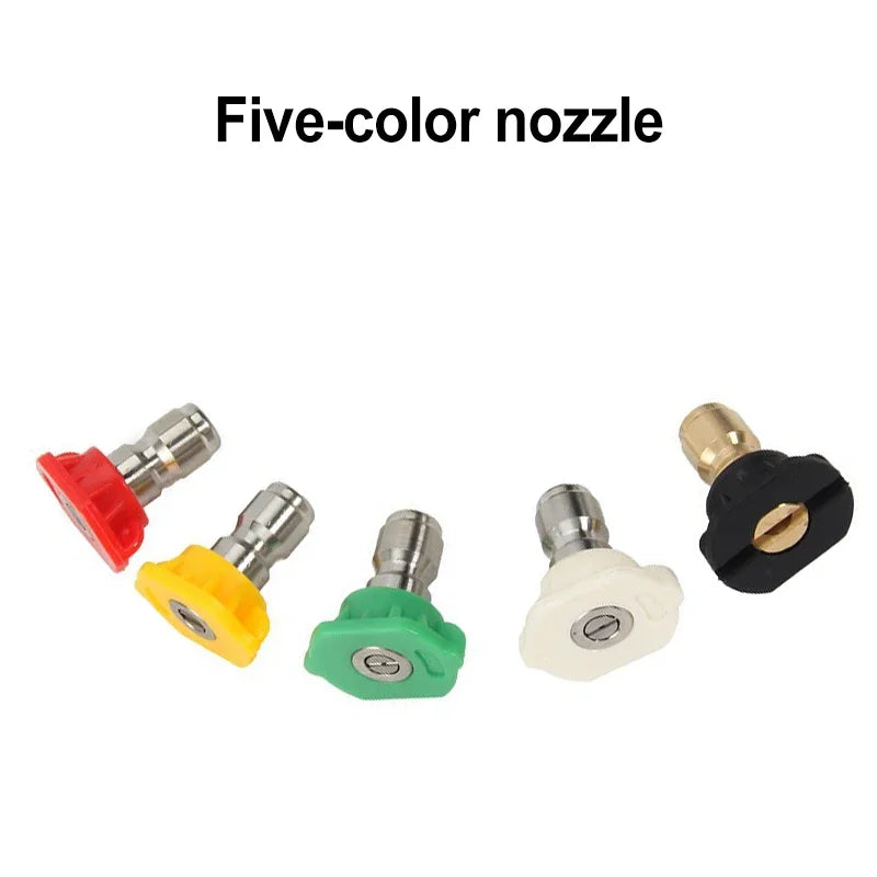 A set of five-color nozzles for car washing, including red, yellow, green, and black tips.