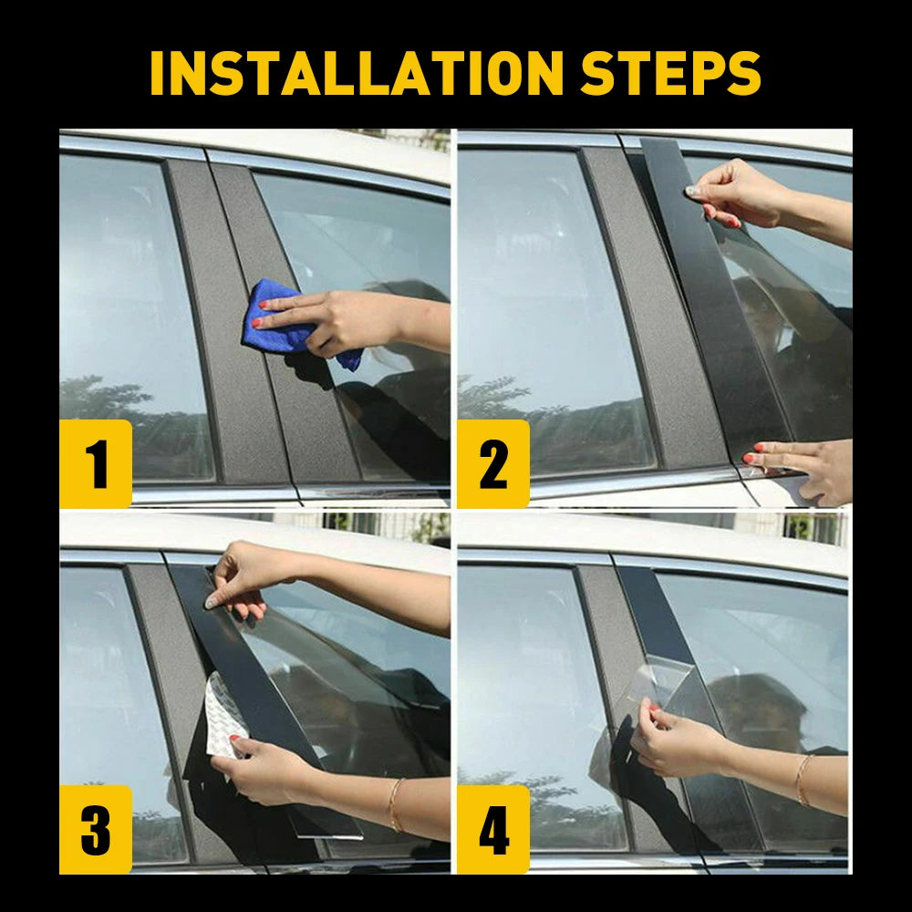 Four steps showing the installation of glossy piano black window door pillar trim on a vehicle.