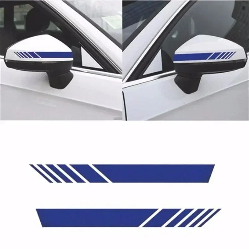 Blue and white racing stripe decals for universal car side mirror customization