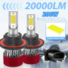 Two bright LED headlight bulbs with silver and yellow components are shown next to a car headlight assembly.