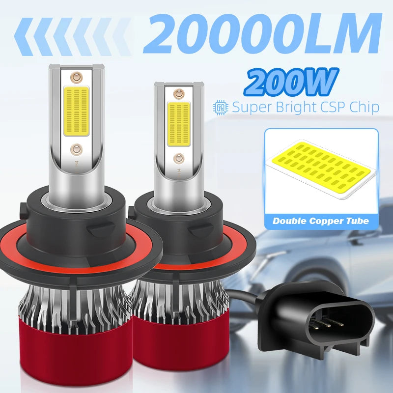 Two bright LED headlight bulbs with silver and yellow components are shown next to a car headlight assembly.