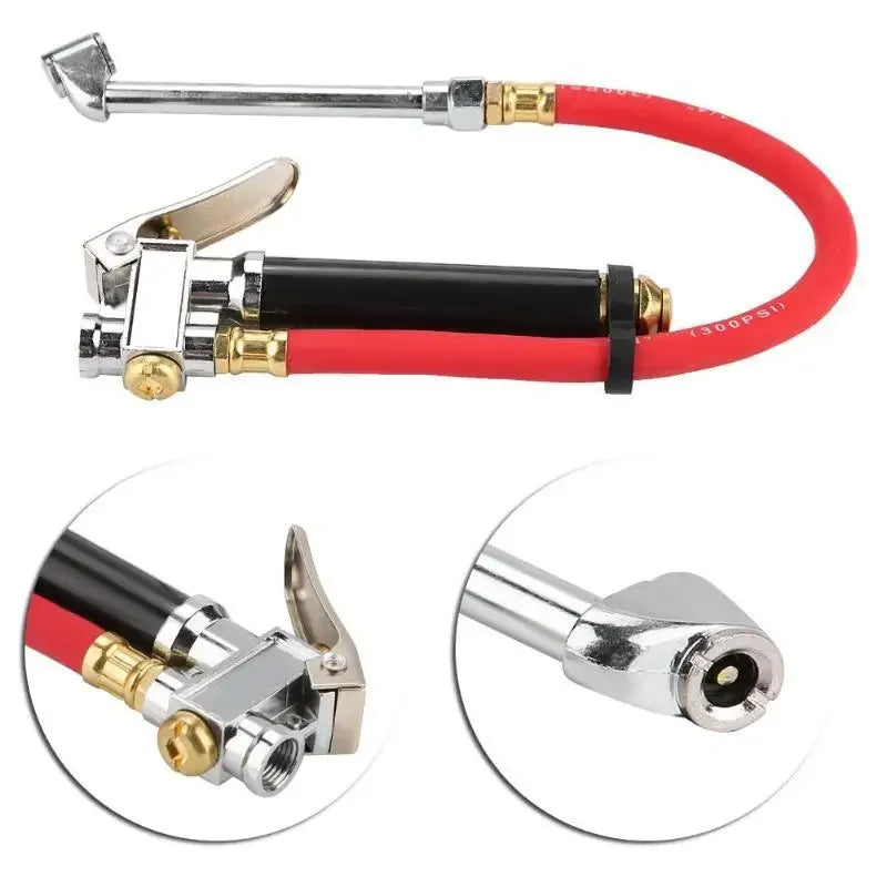 A handheld tire pressure gauge with a dual chuck inflator hose, featuring silver metal components and red tubing.