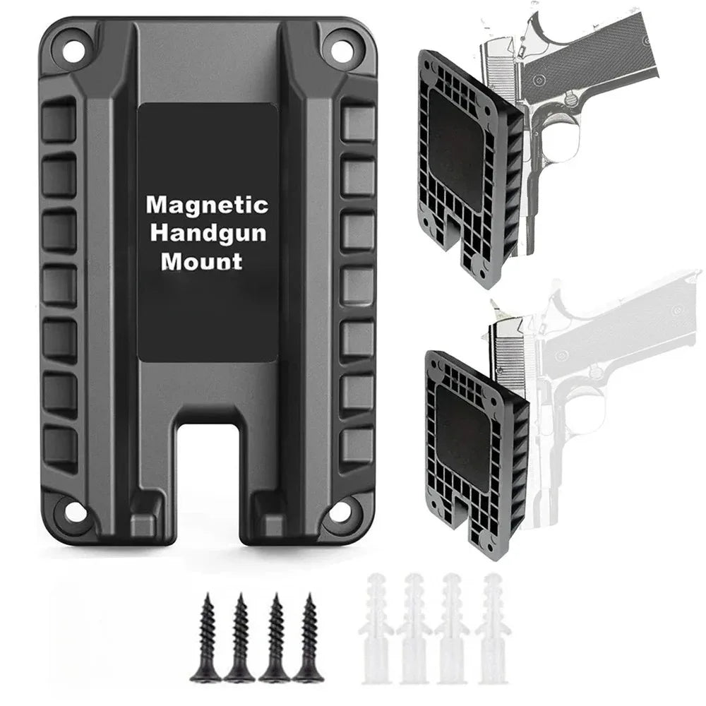 Support magnétique de pistolet noir montré sous divers angles avec vis de montage.