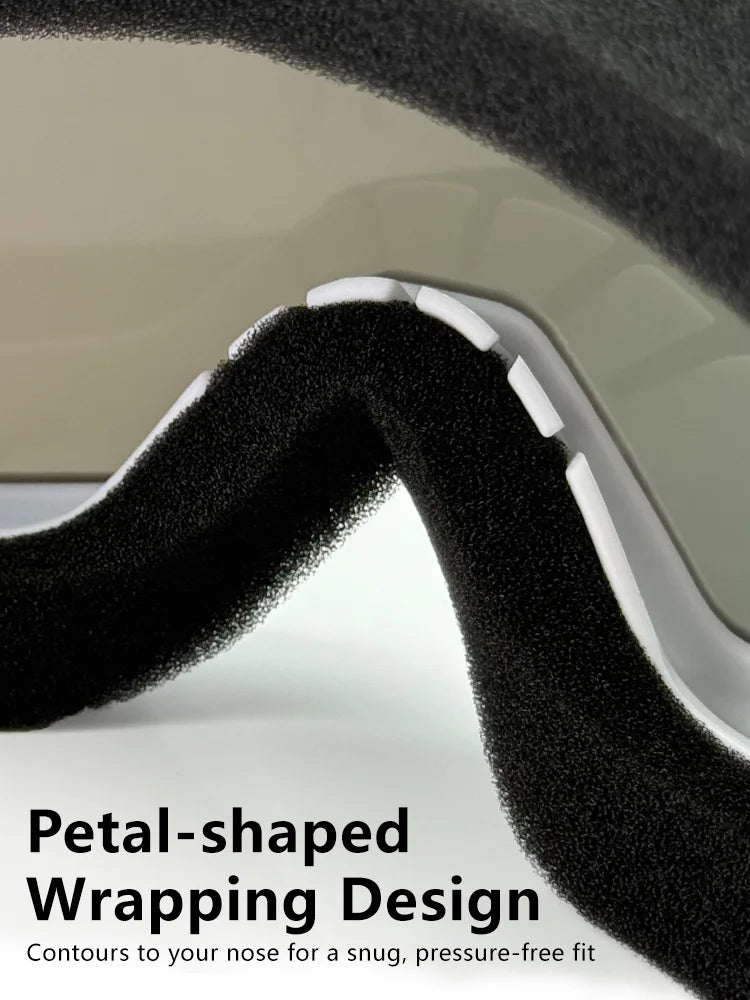 Close-up of a petal-shaped wrapping design on protective eyewear for a snug, pressure-free fit.