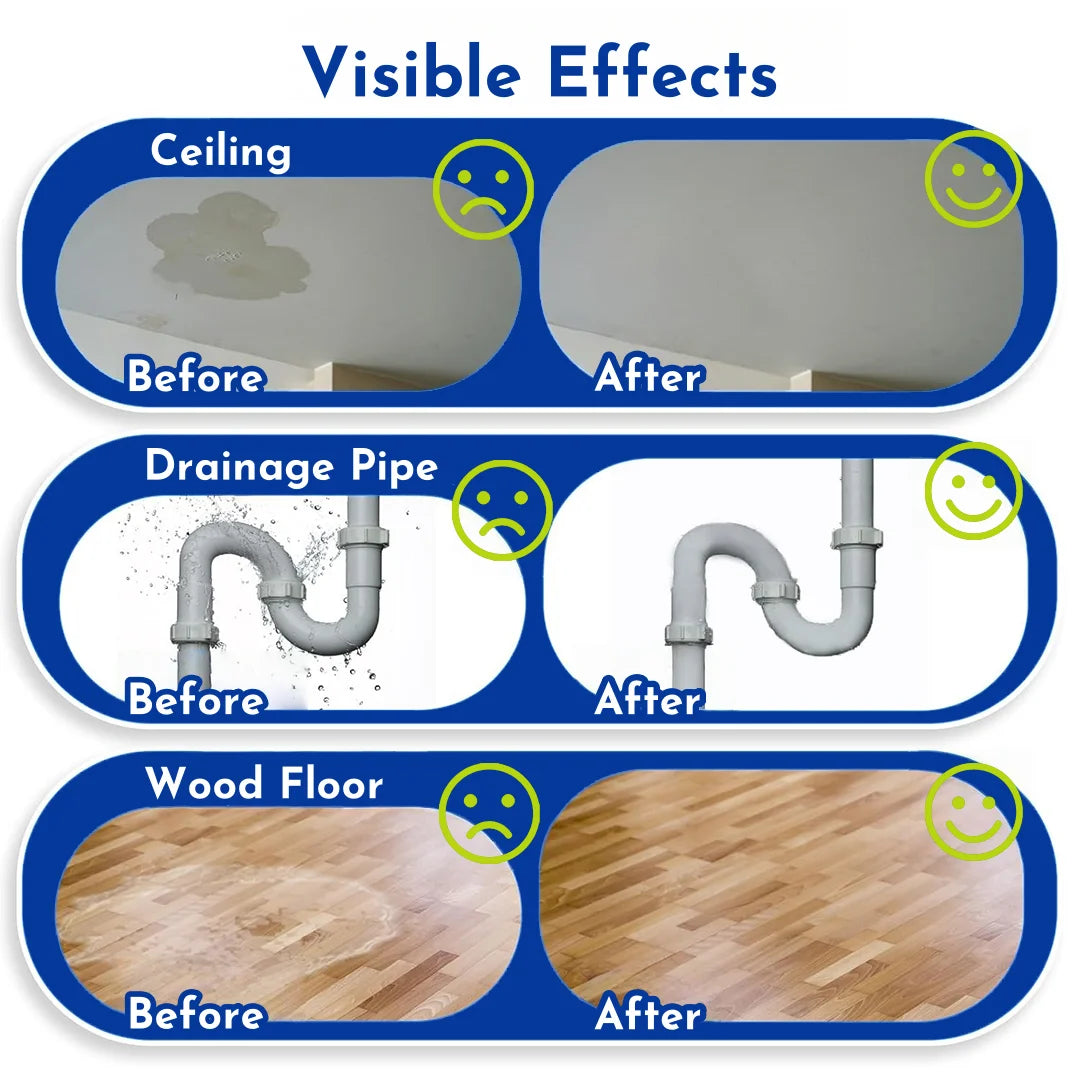 Before and after images showing the visible effects of invisible waterproof sealant repair glue on a ceiling, drainage pipe, 
