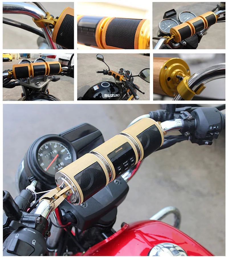 Close-up shots of a motorcycle Bluetooth speaker system with FM radio and USB, showing various components and installation de