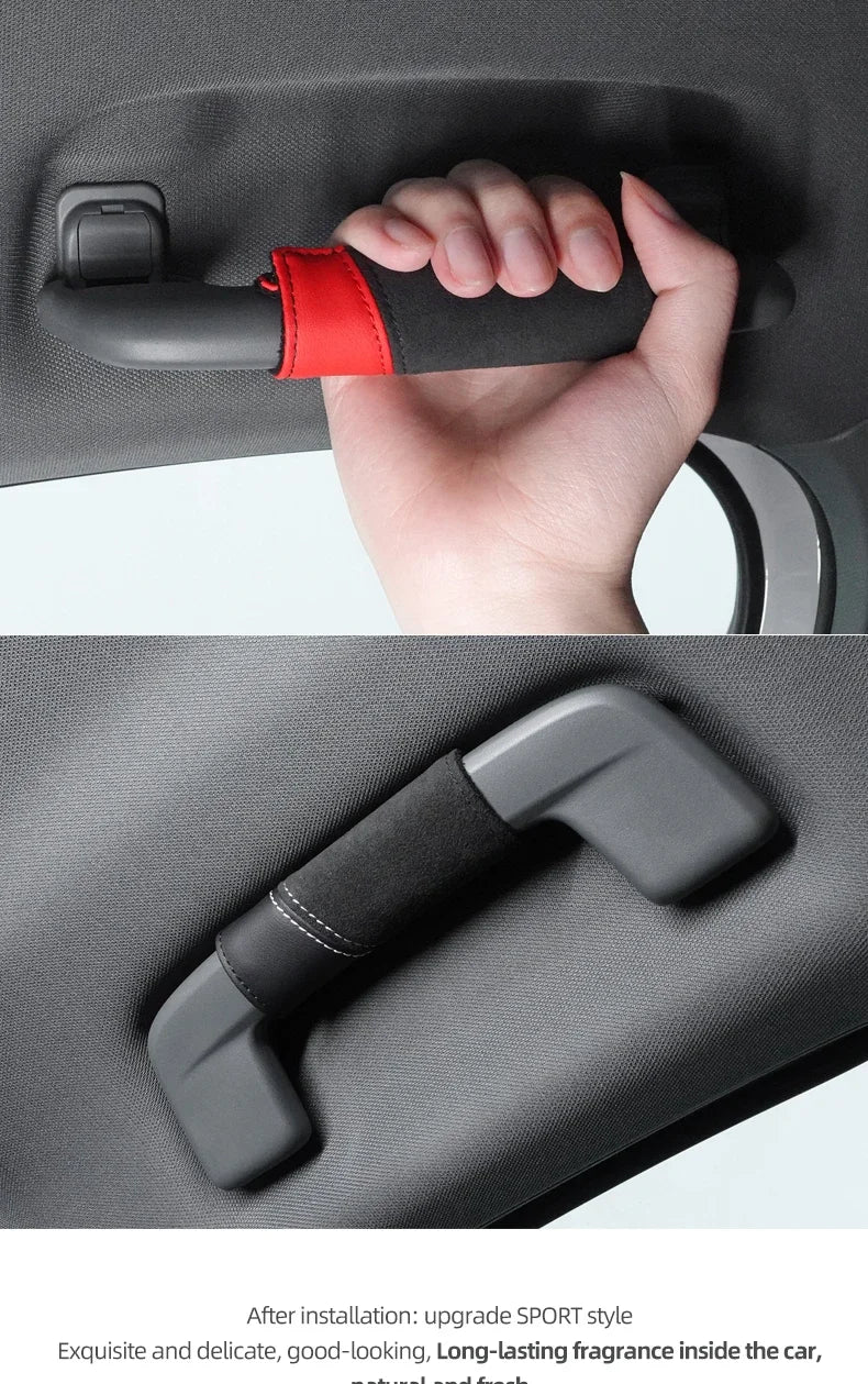 A hand grips a black and red handle cover installed on a car roof, showing the upgrade to a SPORT style.