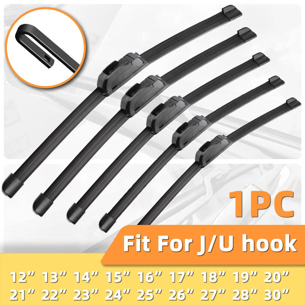 A set of ten black J/U hook style wiper blades for various car sizes.