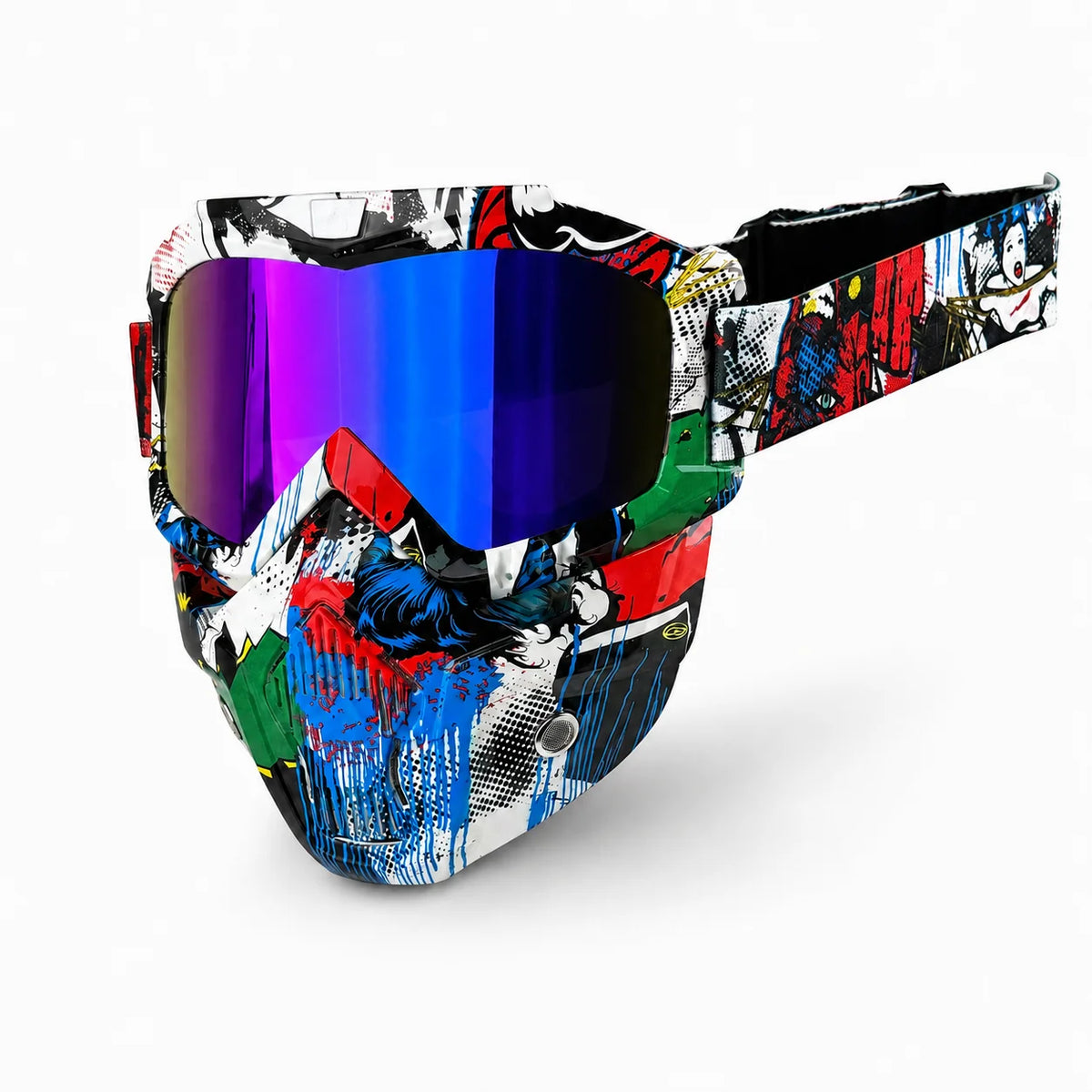 Tactical full face motorcycle goggles with a multi-colored lens set against a busy, graphic background.
